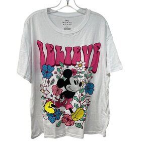 Disney Mickey Mouse Embroidered Tee Floral Womens Size XL White